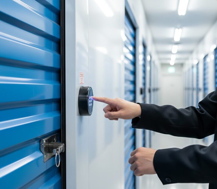 スペラボのトランクルームのドアに設置されたスマートロックの暗証番号を入力する日本人の手