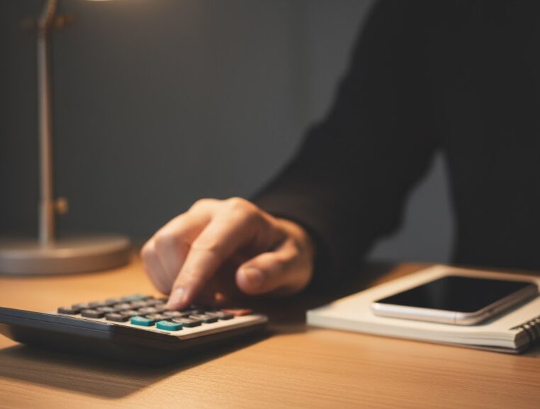 机の上に置かれた電卓で費用がどれくらいになるか計算している様子