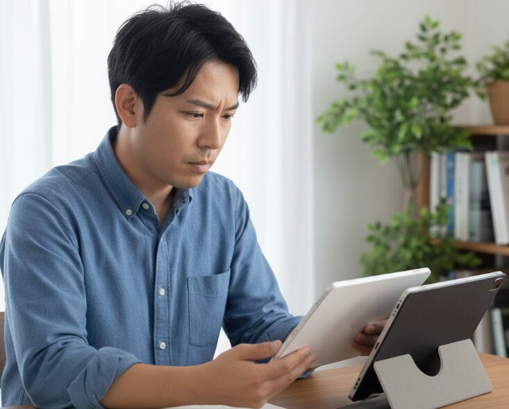 2つの異なる資料やタブレット画面を見比べながら、サービスや価格を比較検討している日本人男性