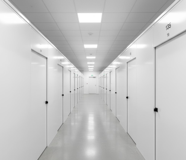 白いパーティションで細かく区画分けされ、空間効率が最大化された明るく清潔な屋内型トランクルームの廊下
