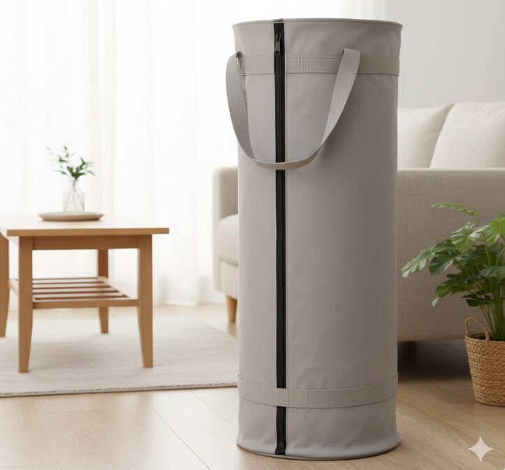 リビングに置かれた、丈夫な持ち手が付いたシンプルでスタイリッシュなクリスマスツリー専用の縦型収納バッグ