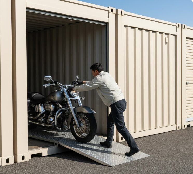 ドッとあーるコンテナの入り口で、スロープを使って大型バイクをゆっくりとコンテナ内に押し入れている日本人男性。