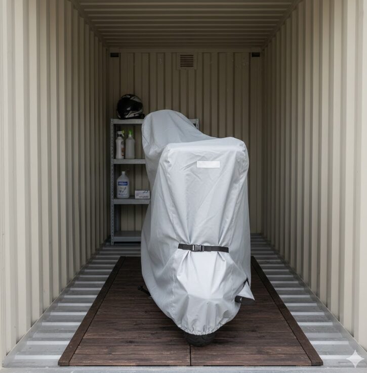 コンテナ内でバイクカバーがかけられたバイク。床にはスノコが敷かれ、湿気対策が施されている様子。