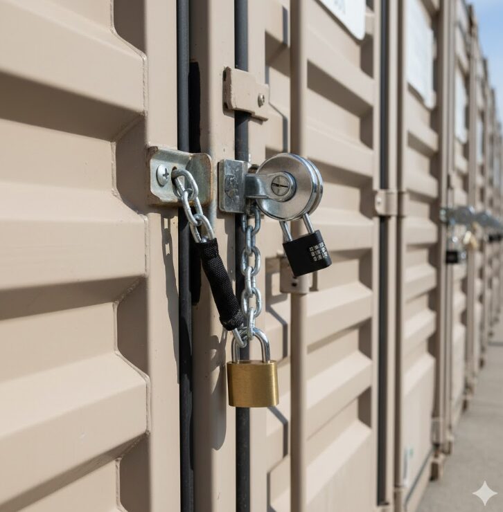 屋外コンテナの頑丈な扉に、複数の鍵がかけられている様子。