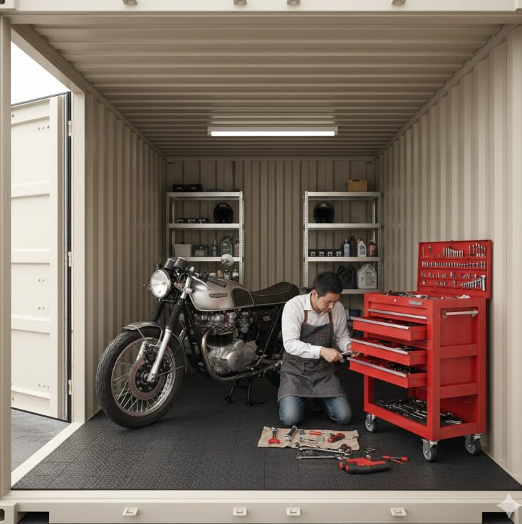 広い4帖タイプのコンテナ内で、バイクの隣にツールチェストを置き、メンテナンス作業をしている日本人男性。