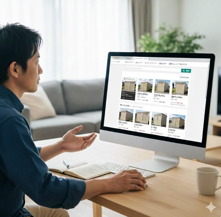 ドッとあーるコンテナの物件情報が掲載されたウェブサイトを、パソコンで比較検討している日本人。