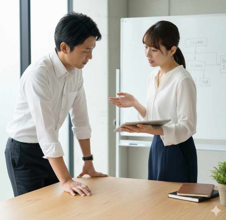 ドッとあーるコンテナの事務手数料とメンテナンス費用の相場を説明する、白いシャツを着た日本人の男女。