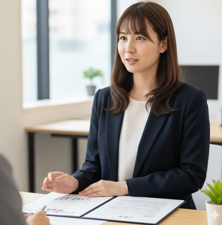 ドッとあーるコンテナの保証委託料について、契約書を確認しながら説明する日本人の女性スタッフ。