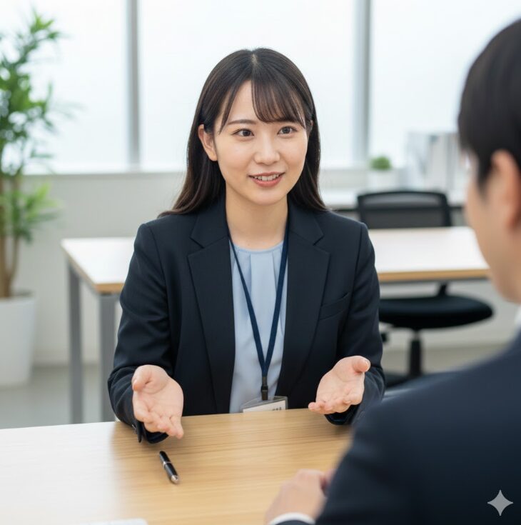 ドッとあーるコンテナの賃料前払い分と日割り計算について説明する日本人の女性。