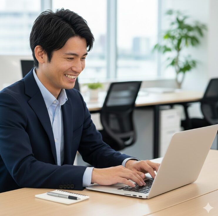 ドッとあーるコンテナの初期費用を安くするコツについて、笑顔でパソコンを操作する日本人のビジネスパーソン。