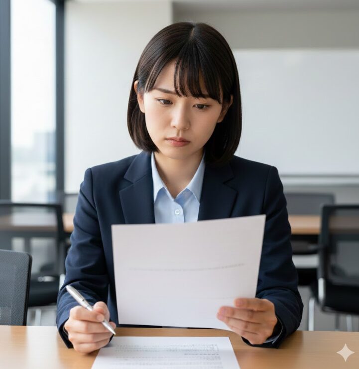 ドッとあーるコンテナの短期解約と違約金について、契約書を真剣な表情で確認する日本人の女性。