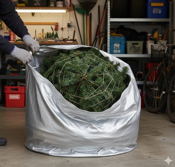 ガレージや物置で、束ねたクリスマスツリーを銀色のタイヤ収納カバーに入れて保管する様子