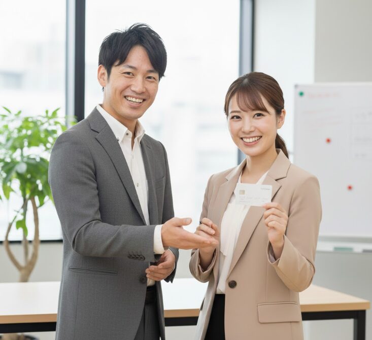 ドッとあーるコンテナの支払い方法としてクレジットカード払いのメリットを説明する、笑顔の日本人の男女。