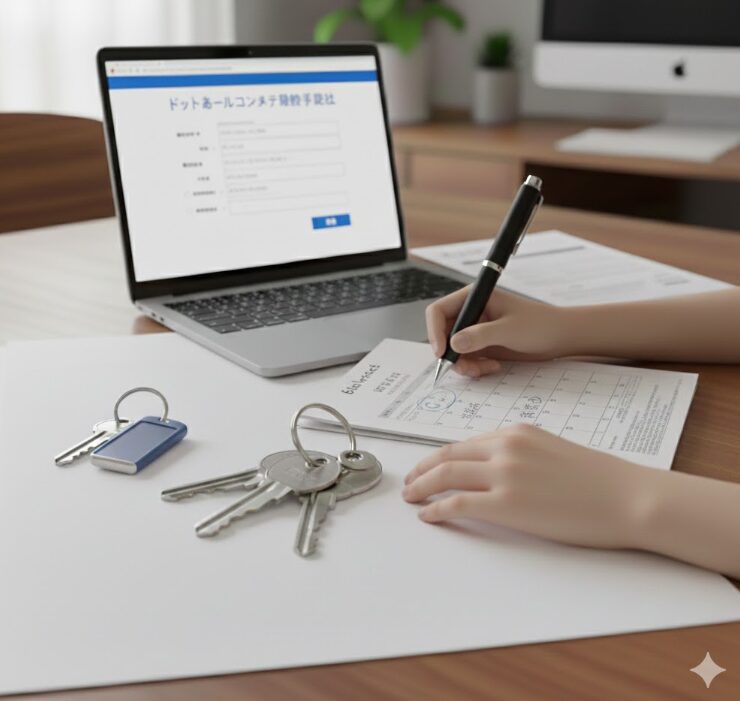 ドッとあーるコンテナの解約日と鍵の返却予定日を慎重に確認する日本人女性の手元。
