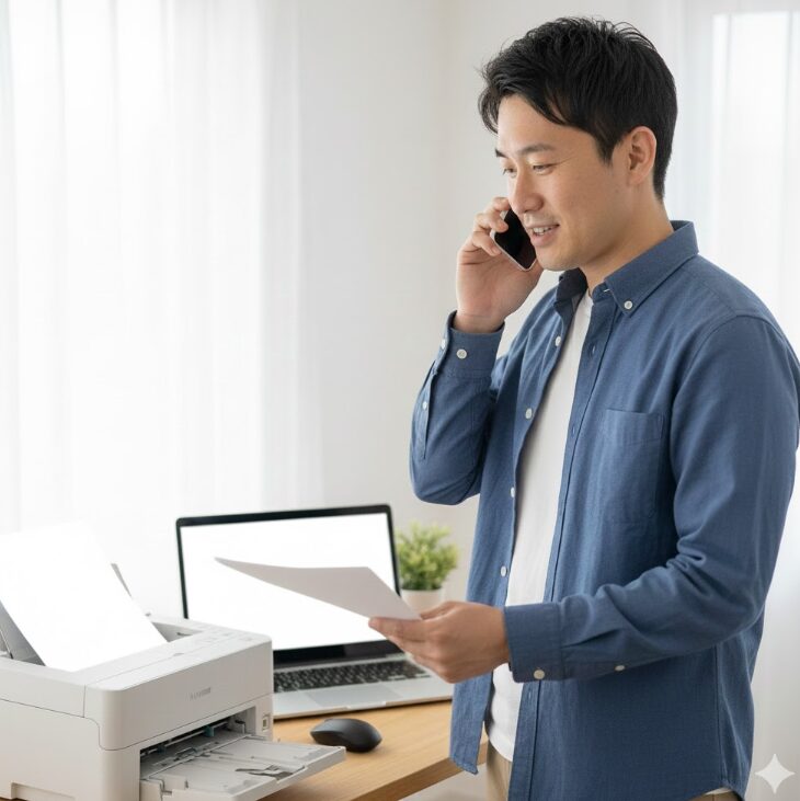 FAXで書類を送信した後、受領確認のために電話をかけている日本人男性の姿。