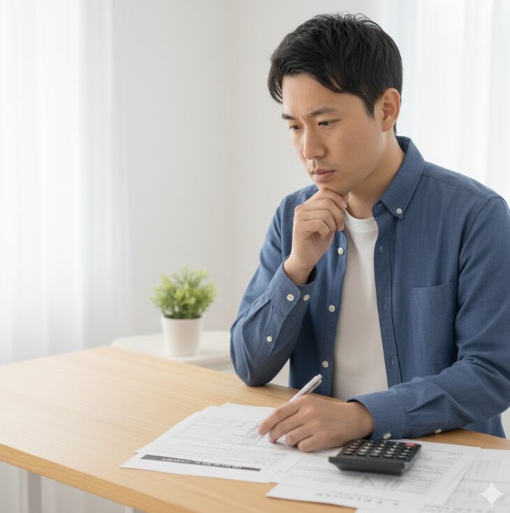 短期解約による違約金を計算している日本人男性。