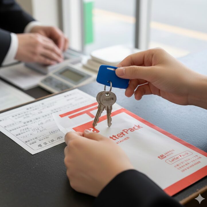 ドッとあーるコンテナの鍵をレターパックに入れ、郵便局で発送準備をする日本人女性の手元。