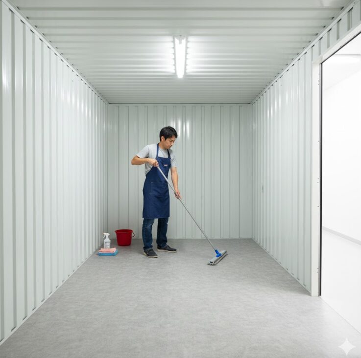 空になったドッとあーるコンテナの室内を、清掃用具で簡易清掃している日本人男性。