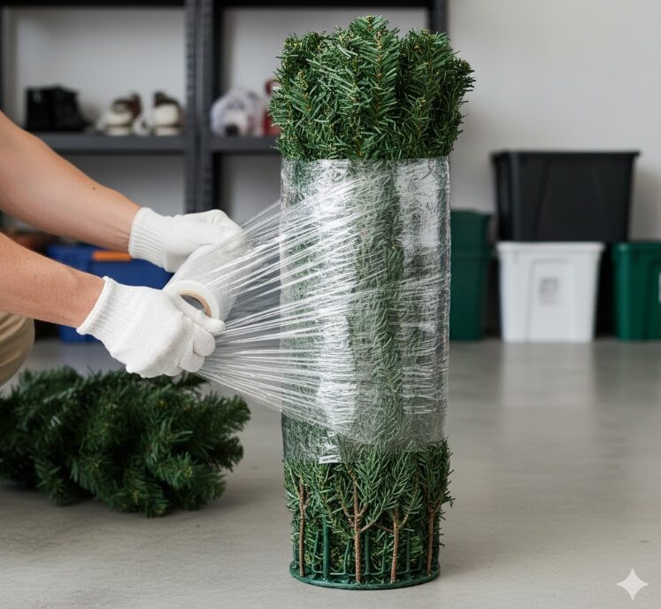 白い軍手をはめた手で、分解したクリスマスツリーの枝を透明なストレッチフィルムでしっかりと巻き上げ圧縮している様子