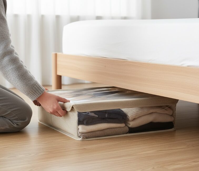 寝室のベッドの下のデッドスペースに、薄型の収納ボックスをスライドさせて収納している様子
