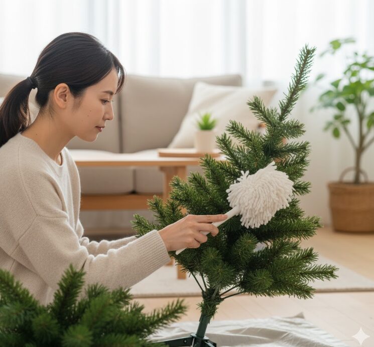 納前のメンテナンスとして、ハンディモップを使ってクリスマスツリーの枝葉についたホコリを丁寧に落としている日本人
