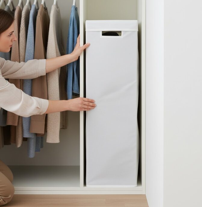 クローゼット内の洋服と壁の間のわずかな隙間に、白い収納ケースを立ててスッキリと収納している様子