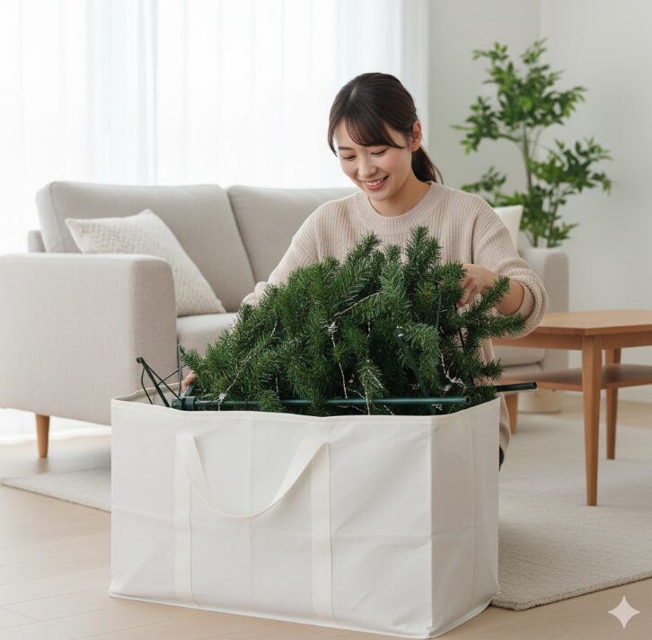 明るいリビングで、IKEAのSKUBBのような白い布製収納ケースに分解したクリスマスツリーを収納する日本人女性