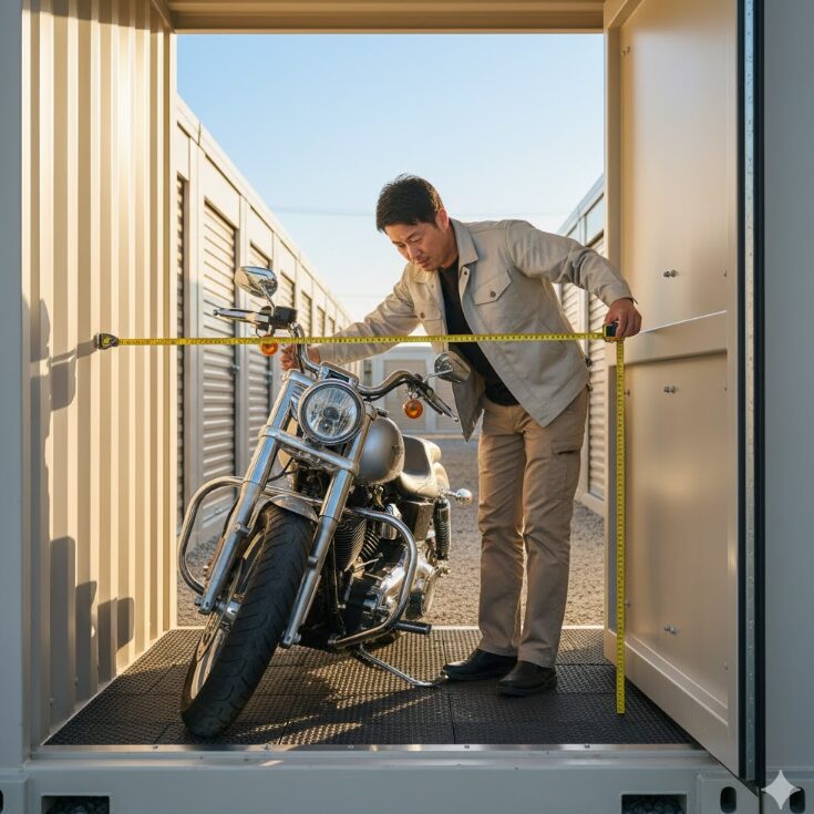 屋外コンテナの入り口で、バイクの幅とコンテナの入り口の幅をメジャーで測って確認している日本人男性。