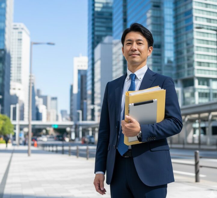 都市部の現代的なビルを背景に、資料ファイルを抱え、投資判断に自信を持ち穏やかに微笑む日本人の男性