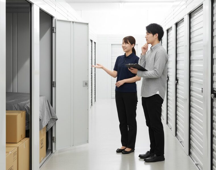 スペラボの清潔なトランクルームで、丁寧に対応する日本人スタッフと話す利用者