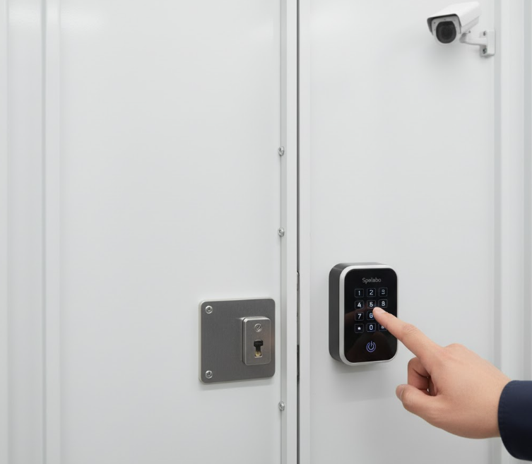 スペラボのトランクルームのドアで、スマートロックの暗証番号を入力する手元と、背景の防犯カメラ