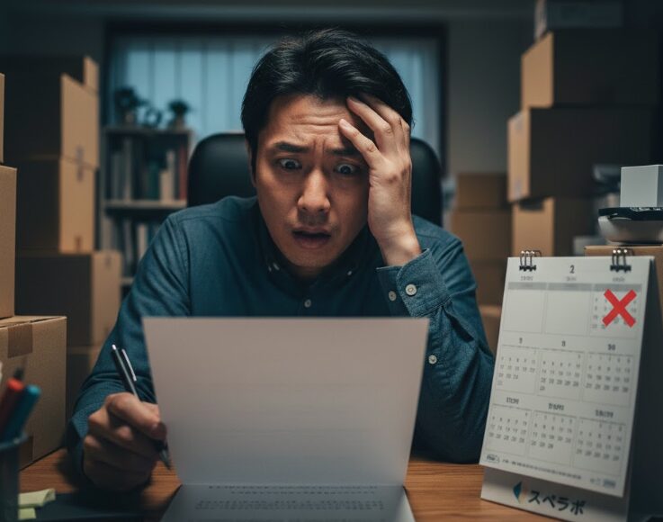 スペラボの解約条件である3ヶ月前ルールを契約書で確認し、困惑する人物とカレンダー