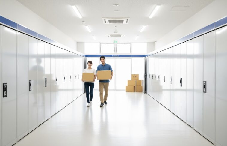 スペラボのキャンペーンをイメージさせる、清潔で明るいトランクルームの廊下と荷物を運ぶ日本人夫婦。