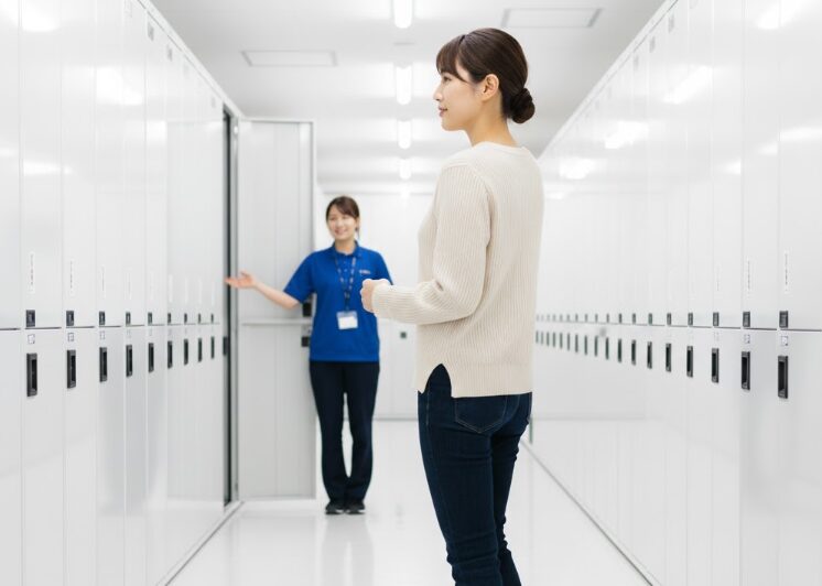 トランクルームの下見に来た女性と案内しているスタッフの様子。