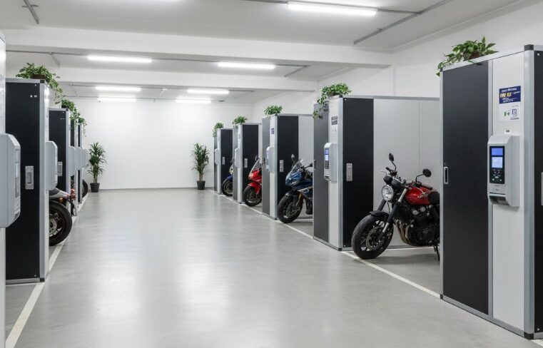 キュラーズ バイク パーキングをイメージさせる、清潔で明るい最新式の屋内バイク駐車場