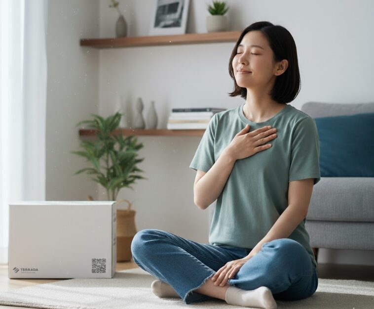 寺田倉庫minikuraの宅配型トランクルームサービスを利用し、すっきり片付いた部屋で安心した表情の日本人女性