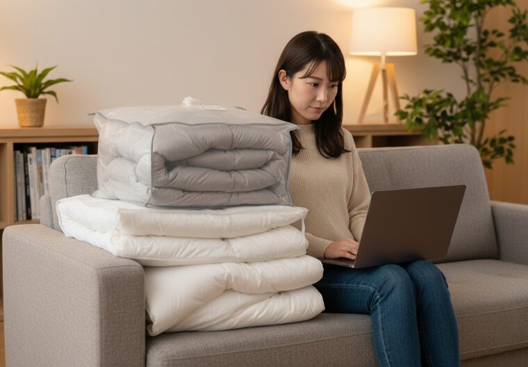 リビングのソファで、オフシーズンの布団の横に座り、ノートパソコンで布団保管サービスについて調べている日本人女性。