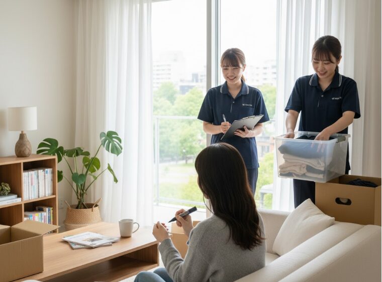 お片付け専門業者の女性スタッフに片付けサービスを依頼する女性の様子