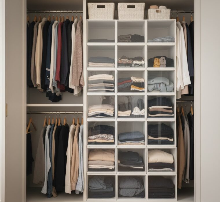 お片付けサービス利用後、衣類が色別・種類別に完璧に整理され、ラベル付けされた収納ケースが並ぶ美しいクローゼット。