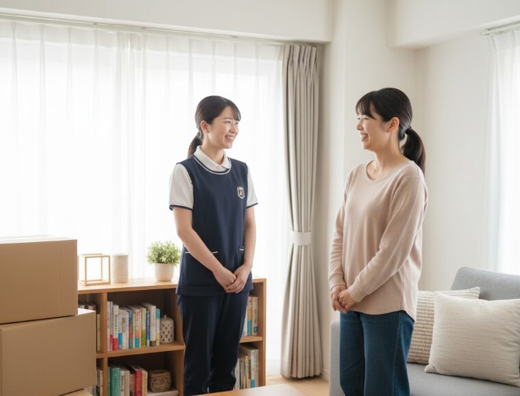 片付けサービスを利用し、整った部屋で笑顔で話す業者の女性と部屋の住人の女性