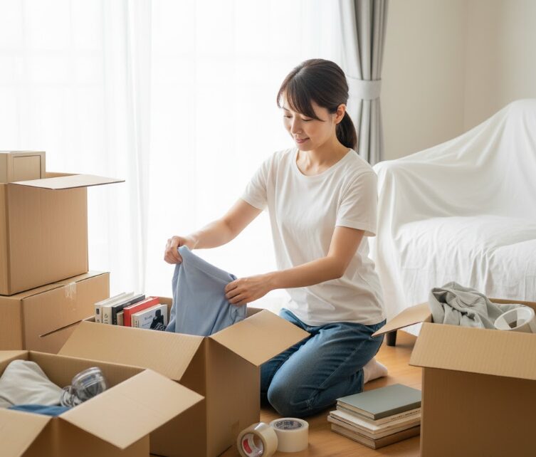 引っ越しの荷造りをする日本人女性