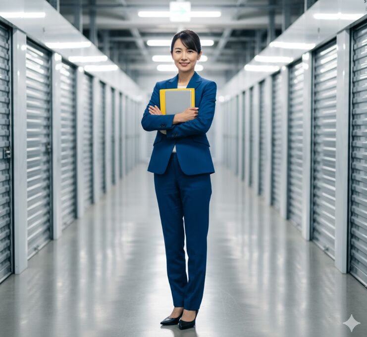 トランクルームを背景に、トランクルームの投資をしている女性が立っている様子