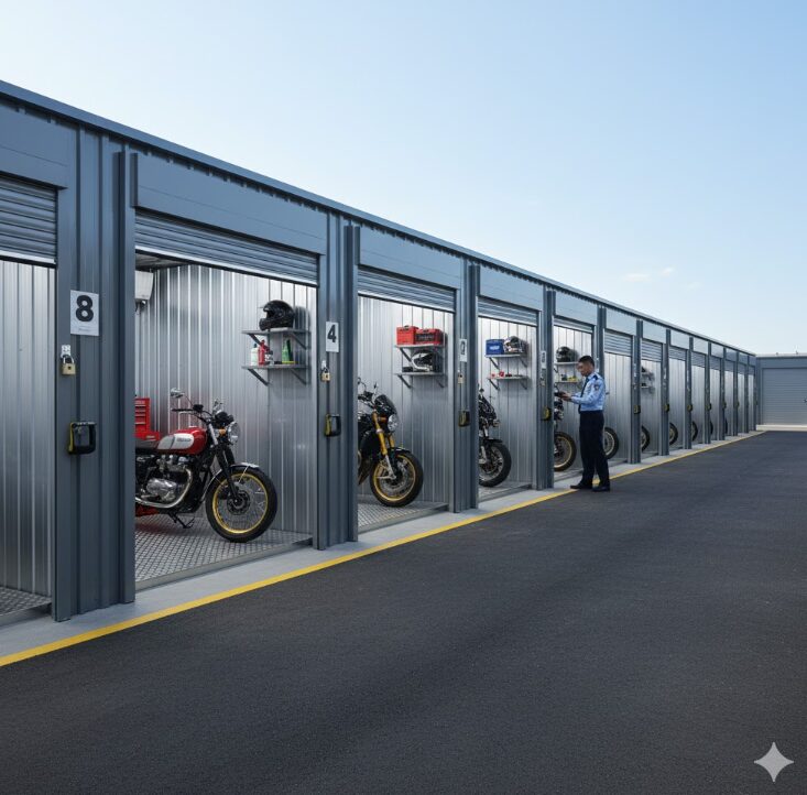 綺麗な屋外のバイク倉庫の様子