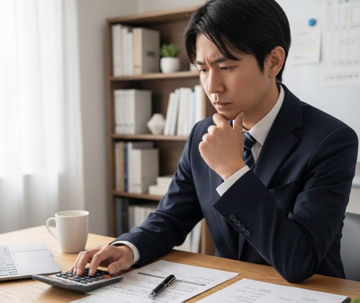 ドッとあーるコンテナの初期費用と料金内訳について、電卓とペン、契約書類が並べられたデスクで思案する日本人のビジネスパーソン。