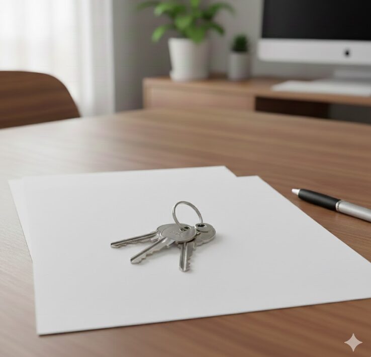 ドッとあーるコンテナのトランクルームの鍵と解約手続きに関する書類がテーブルの上に置かれている。