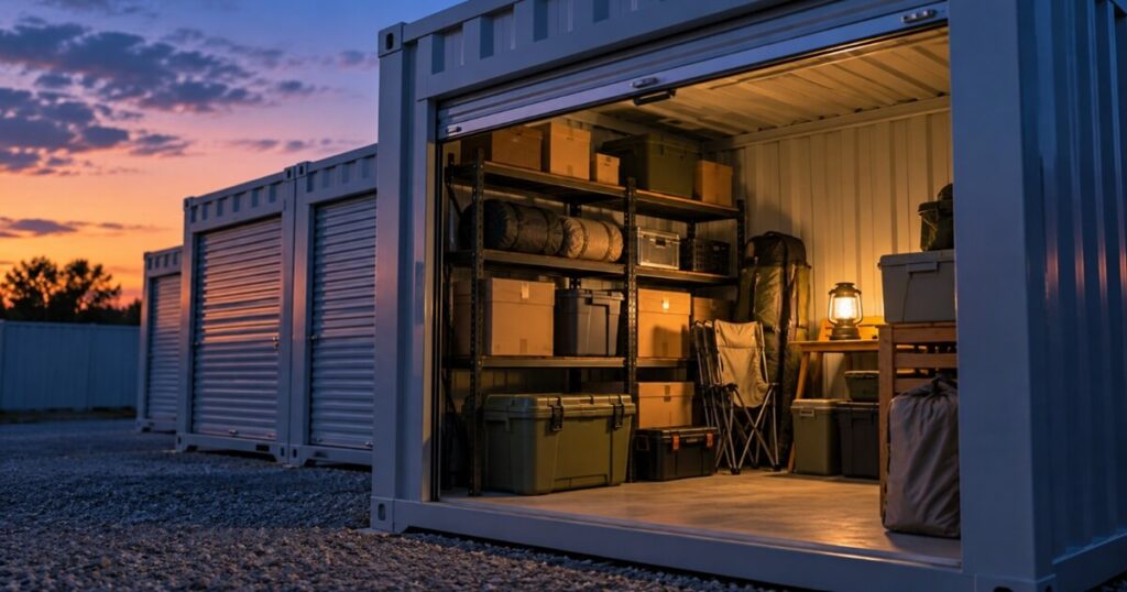 夕暮れの屋外型トランクルームで、コンセントを使わずLEDランタンで収納スペースを照らす様子
