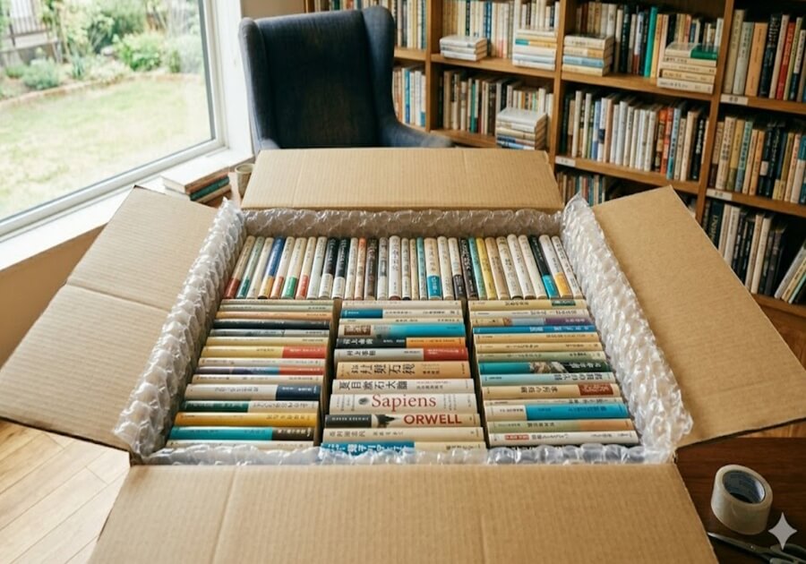 本が梱包された段ボール