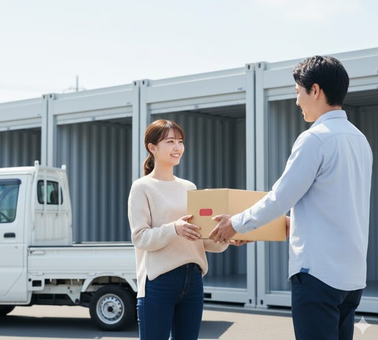 明るい屋外のコンテナ型トランクルームの前で、若い女性が男性から段ボール箱を受け取っている。彼らの後ろには軽トラックが停まっている。