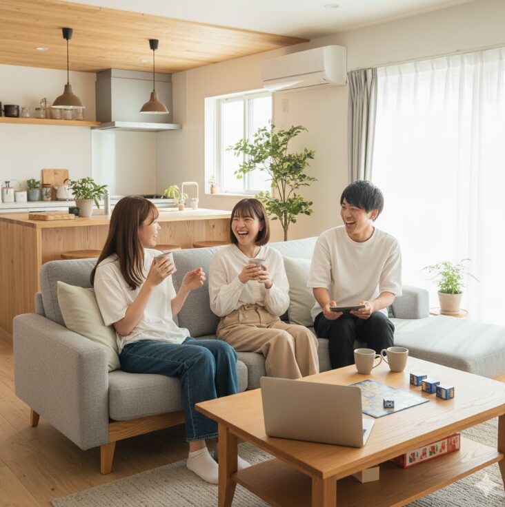 明るく清潔なシェアハウスのリビングで、楽しそうに会話する若い日本人男女。