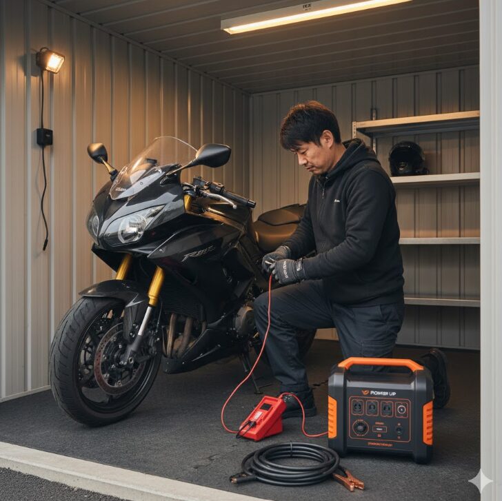 バイクガレージのハローストレージ内で、バッテリー充電器とポータブル電源を横に置き、バイクのバッテリーを取り外している日本人男性の様子。